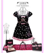 Load image into Gallery viewer, Paris girl Shining Paris Girl Eiffel Tower Print Rhinestone Pink and Black Color-Blocked Polka Dot Puff Sleeve Top and Dress
