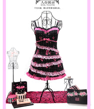 Load image into Gallery viewer, Paris Rose Night Vintage Princess-Style Cinched Waist Slip Dress Pink and Black Rose Polka Dot Heavy Lace Mini Dress
