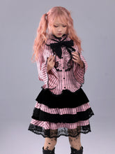 Load image into Gallery viewer, EVILTOOTH Eliza Heart Pink and Black Plaid Ruffle Collar Embroidered Bow Slim Flare Sleeve Shirt

