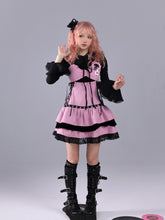 Load image into Gallery viewer, Blank sheet music, striped color-block black velvet, pink and black doll-inspired striped long-waist design performance outfit, includes badge
