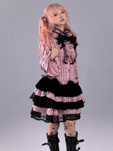 Load image into Gallery viewer, EVILTOOTH Eliza Heart Pink and Black Plaid Ruffle Collar Embroidered Bow Slim Flare Sleeve Shirt
