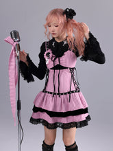 Load image into Gallery viewer, Blank sheet music, striped color-block black velvet, pink and black doll-inspired striped long-waist design performance outfit, includes badge
