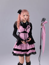Load image into Gallery viewer, Blank sheet music, striped color-block black velvet, pink and black doll-inspired striped long-waist design performance outfit, includes badge
