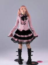 Load image into Gallery viewer, EVILTOOTH Eliza Heart Pink and Black Plaid Ruffle Collar Embroidered Bow Slim Flare Sleeve Shirt

