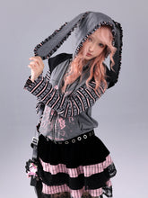 Load image into Gallery viewer, EVILTOOTH Bunny Pirate Print Black Sweet Pink and Black Punk Faux Two-Piece Bunny Ear Zipper Hoodie Jacket
