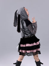 Load image into Gallery viewer, EVILTOOTH Bunny Pirate Print Black Sweet Pink and Black Punk Faux Two-Piece Bunny Ear Zipper Hoodie Jacket
