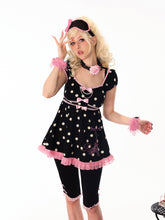 Load image into Gallery viewer, Paris girl Shining Paris Girl Eiffel Tower Print Rhinestone Pink and Black Color-Blocked Polka Dot Puff Sleeve Top and Dress
