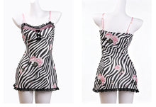 Load image into Gallery viewer, EVIL TOOTH Rose bush zebra print stretch camisole dress adorned with a bow, slim fit, vintage princess style gal dress
