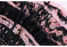 Load image into Gallery viewer, EVIL TOOTH Rosa Dance Princess Floral Shirred Cake Dress Lace and Bouquet of Roses in the Night Waltz
