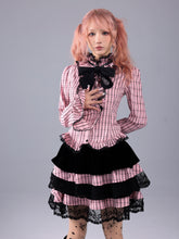 Load image into Gallery viewer, EVILTOOTH Eliza Heart Pink and Black Plaid Ruffle Collar Embroidered Bow Slim Flare Sleeve Shirt

