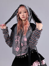 Load image into Gallery viewer, EVILTOOTH Bunny Pirate Print Black Sweet Pink and Black Punk Faux Two-Piece Bunny Ear Zipper Hoodie Jacket
