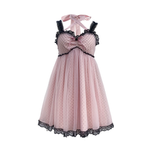 Load image into Gallery viewer, Evil Tooth Black and pink polka dot halter halter dress
