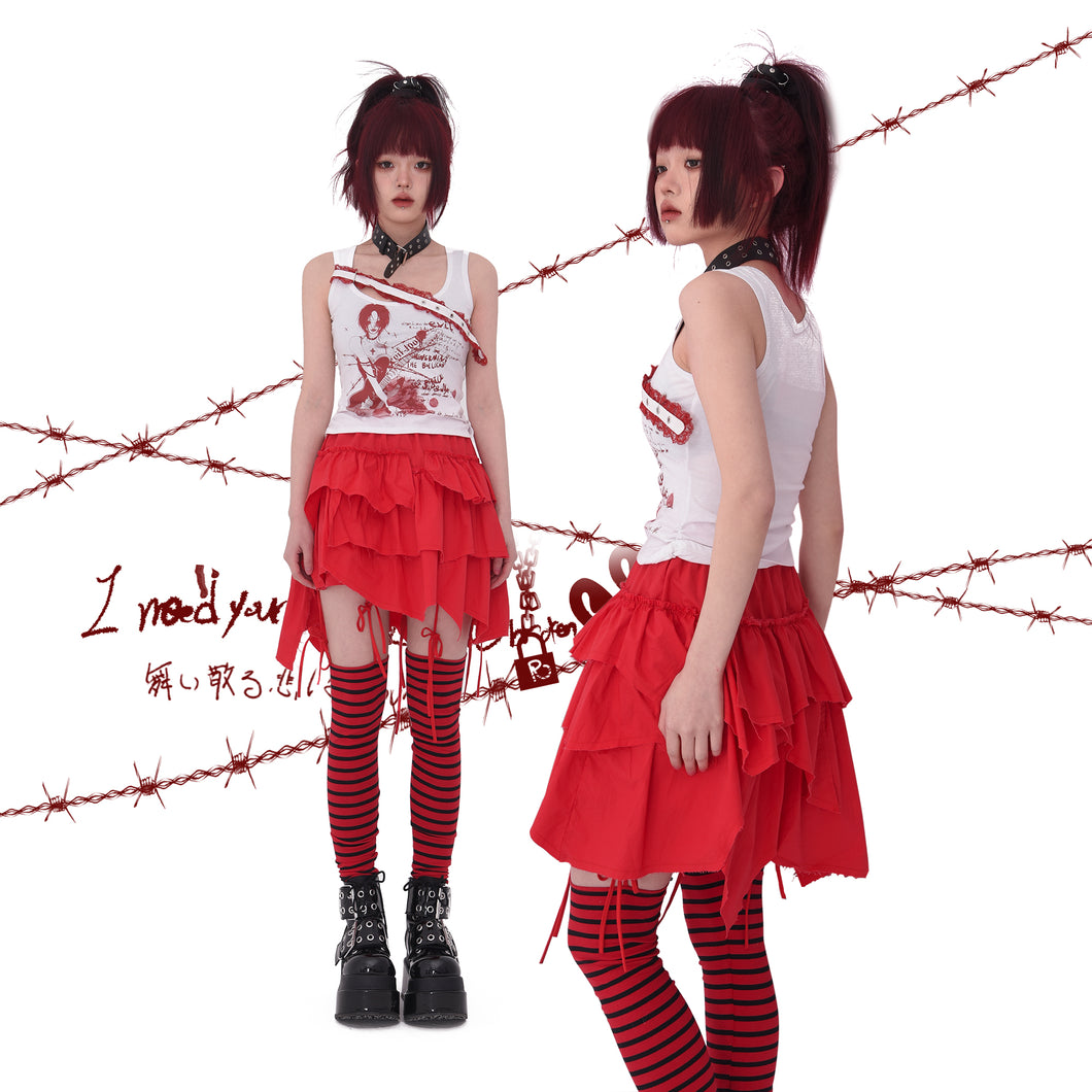 《Broken red lotus》 Deconstruction irregular punk solid color skirt, made of pure cotton